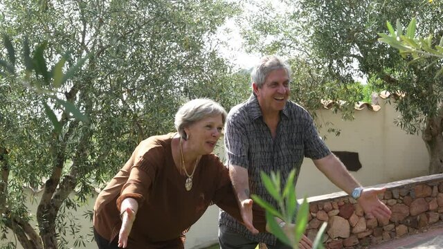 Video in 4k di  due nonni di pelle bianca che chiamano il nipotino che a sua volta corre verso loro ad abbracciarli