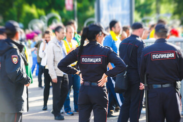 Russian police squad formation back view with 