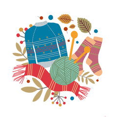 Round label on the theme of knitting and leisure. Knitting as a cute hobby: sweater, scarf, socks, balls and knitting needles. Autumn leaves, berries, tree branches. Hand-drawn design