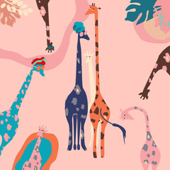 African multi-colored giraffes family with sunglasses and turbans. Savannah, wild animals imitate people.Disproportionately long necks.Summer concept in pastel colors on abstract background. Vector.