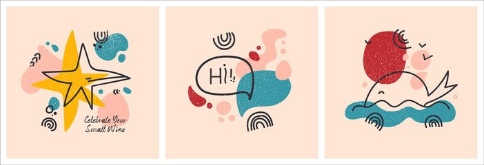 Vector abstract social media post. Designs with doodle elements.Trendy Line Art apparel print collection with stars, planets and abstract elements. Colored decoration poster graphic designs