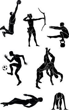Sport. A set of images of athletes: basketball player, Archer, athlete, football player, wrestlers, swimmer, runner. Vector stylized illustrations.