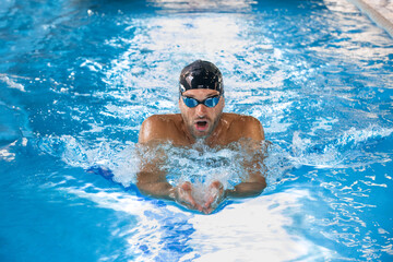 Sports male swimmer swimming in the pool, breaststroke swimming. Front view, techniques swimming. - obrazy, fototapety, plakaty