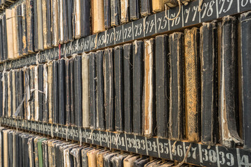 shelf with books of commission in an old factory