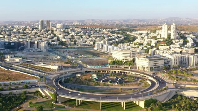 Large Traffic Roundabout in Modiin City, Israel, Aerial view
Sunset,july 2020, Drone view,
