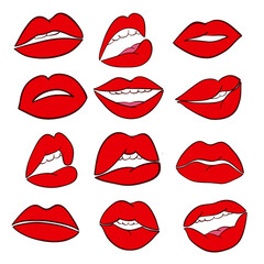 Set of red sexy woman lips in cartoon style oh white for design, stock vector illustration