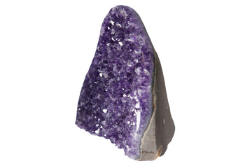 Purple rough Amethyst quartz crystals geode isolated on white background. Violet Crystal Stone...