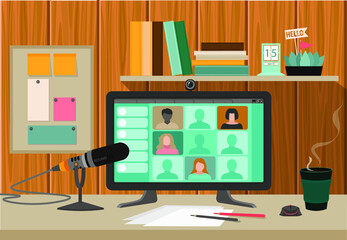 Webinar and online education courses, the teacher teaches a group of students online. Vector illustration.