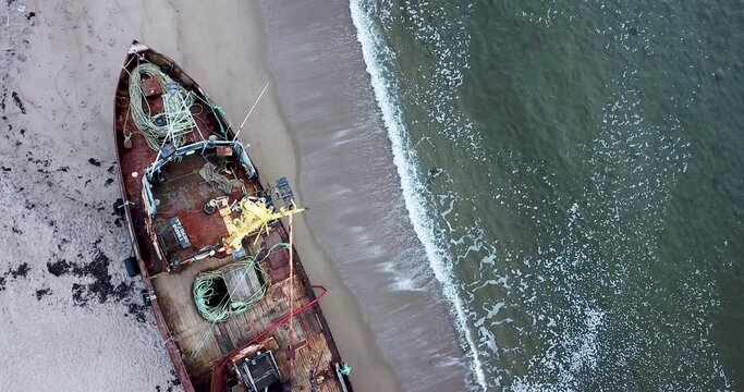 Aerial view of old ship at the beach, Barents Sea coastline , Teriberka, Kolsky District, Murmansk region, Russia