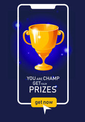 Online reward. 3d golden trophy cup on blue background. First place win on blue background. Winning in online game template