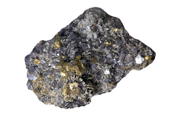 Quartz chalcopyrite gelenite, macro stone mineral quartz with galena. Isolated on white background, close-up.