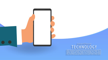 Smart phone in hand, blue striped background, landing page, vector