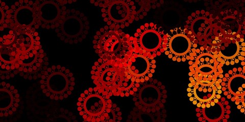 Dark red, yellow vector background with covid-19 symbols.