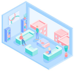 isometric office interior of big waiting room