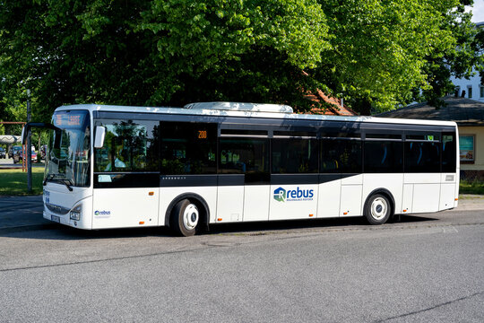 G&Uuml;STROW, GERMANY - JUNE 17, 2020: Iveco Crossway of rebus Regionalbus Rostock GmbH