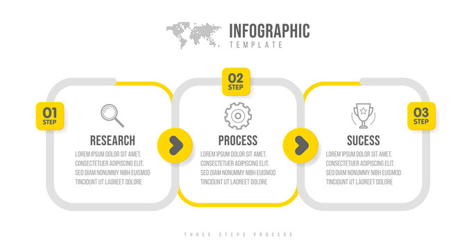 Business infographics template. Timeline with 3 arrow steps, three number options. Vector