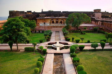 Fototapeta na wymiar Interior of a royal garden inside a fort located in Jaipur city of Rajasthan state in India