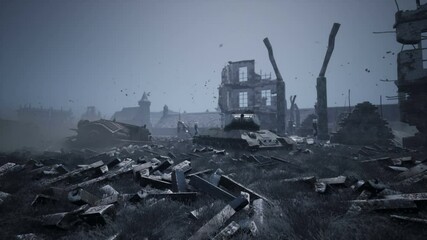 Military tanks from the second world war lie smashed on the battlefield next to human remains and the ruins of houses. The concept of war and the Apocalypse.