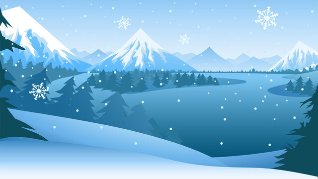 Vector illustration of scenic winter landscape with snowy mountains and pine trees. 