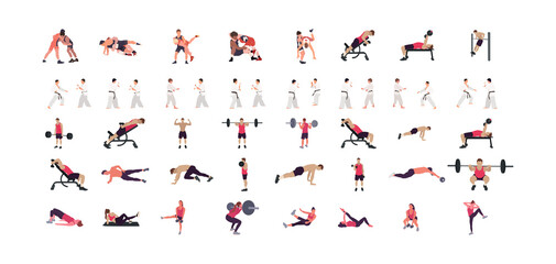 Man workout illustration set, gym, karate, wrestling illustration set