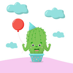 Cute cartoon cactus and balloon hug, vector drawing. Cactus goes to the birthday party.