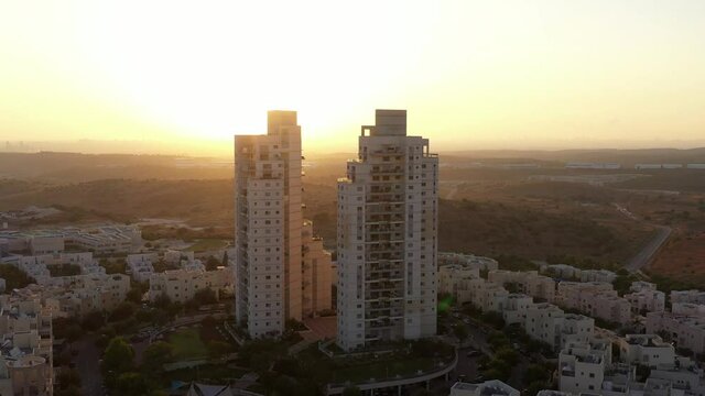 Modiin City Skyline with two high towers and Israel Lowlands ,aerial
Sunset,july 2020 Drone view Panorama,israel
