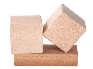 two wooden cubes on one brick create construction isolated on the white