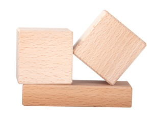 two wooden cubes on one brick create construction isolated on the white