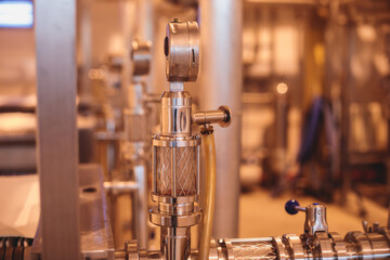 Interior of distillery winery brewery equipment, inside wine factory, process of alcohol liquor manufacture production
