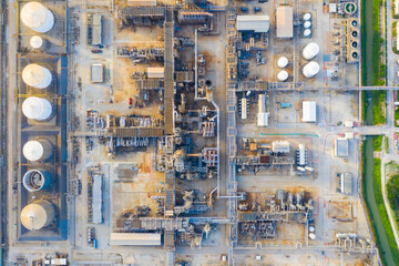 Top view of oil refinery plant chemical factory and power plant with many storage tanks and...