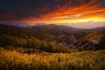 Landscape view of mount Shigakogen in Japan at sunset dramatic sky
