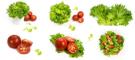 Lettuce and tomatoes on a white background. A bright combination of vegetables for a healthy salad. High quality photo