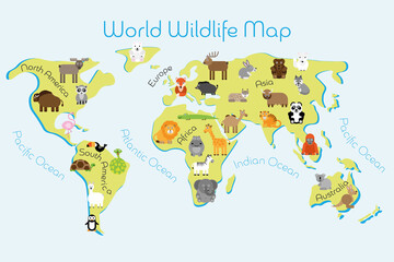 World Wildlife Map - continents with typical fauna. Funny cartoon animals. Children carpet or poster. Vector illustration