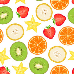 Tropical fruits seamless pattern. Slices of orange, banana, kiwi, strawberries and carambola on a white background. Vector illustration in cartoon flat style.