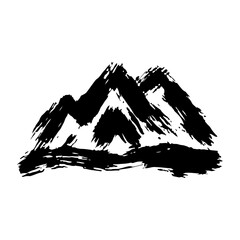Mountain icon. Black ink sketch. Hand drawn vector flat graphic illustration. Isolated object on a white background. Isolate.