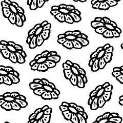 Black flowers isolated on white background. Cute floral monochrome seamless pattern. Hand drawn vector flat graphic illustration. Texture.