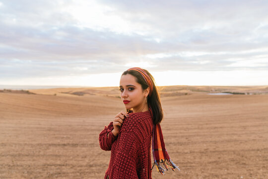 pretty brunette woman in desert.