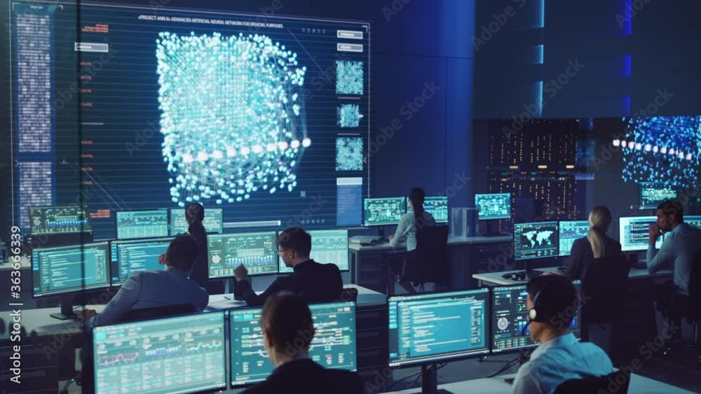 Fototapete Team of Professional Computer Data Science Engineers Work on Desktops with Screens Showing Charts, Graphs, Infographics, Technical Neural Network Data and Statistics. Dark Control and Monitoring Room.