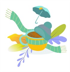Original cup of coffee in a hat with a scarf.
Decorative conceptual composition.
Vector isolated design.