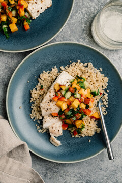 Roasted Halibut with Peach Salad and Quinoa