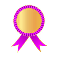 Award rosette gold color with pink ribbon. Symbol of winner celebration, best champion achievement. Blank rosette element. Stock vector illustration on white isolated background.