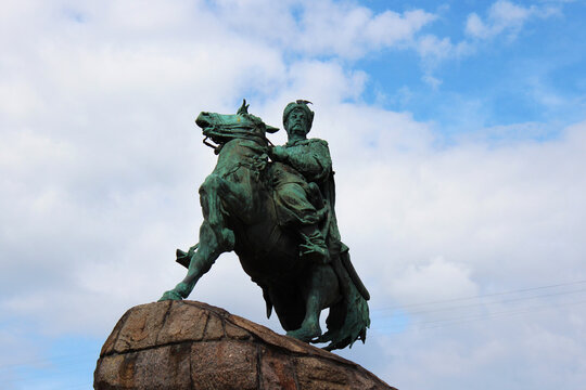 View on Bohdan Khmelnitsky monument with a mace (bludgeon) near Saint Sophia's Cathedral in Kyiv, Ukraine. 
Bronze sculpture of Ukrainian commander and Hetman of Ukrainian Zaporozhian Cossacks
