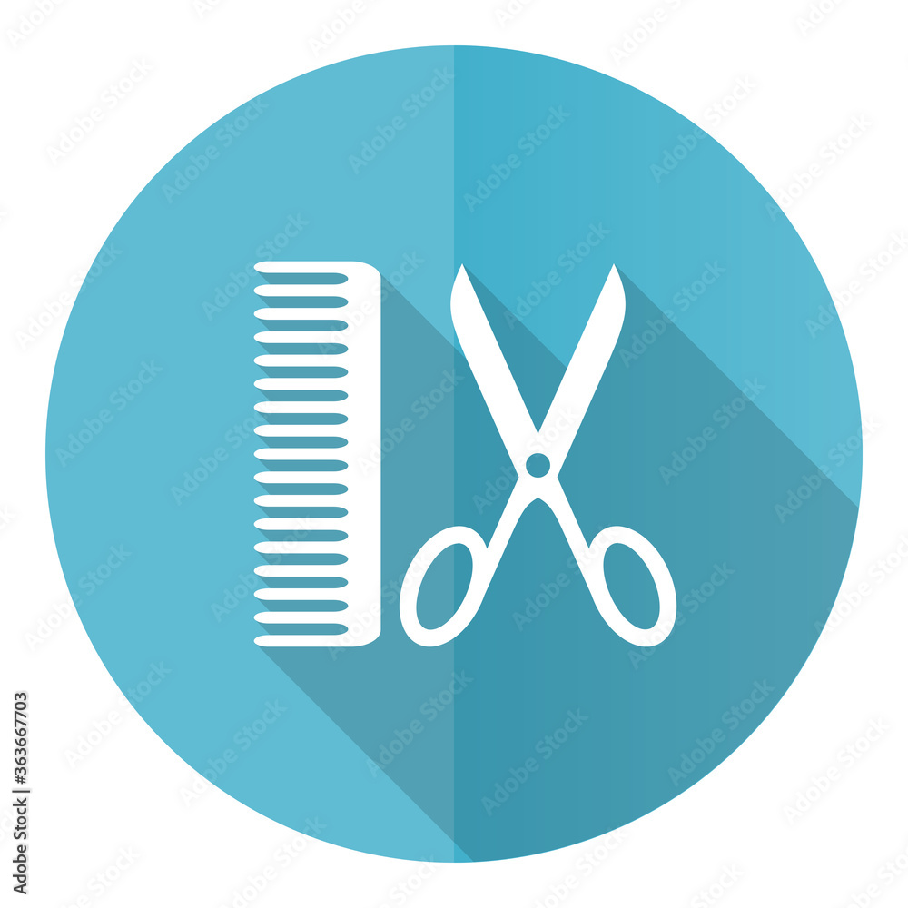 Poster barber vector icon, flat design blue round web button isolated on white background