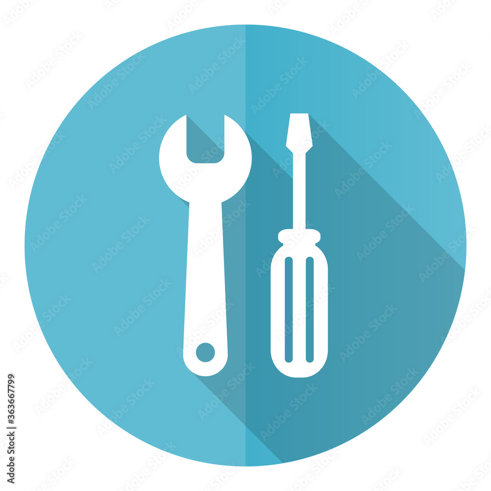 Poster tool vector icon, flat design blue round web button isolated on white background