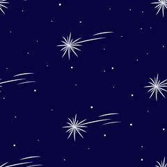 Starry night sky with shooting star. Vector seamless pattern
