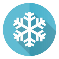 Snow vector icon, flat design blue round web button isolated on white background