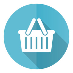 Shopping basket vector icon, flat design blue round web button isolated on white background