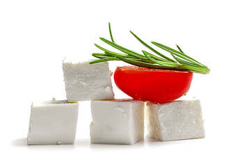 soft curd cheese and tomatoes on a white background
