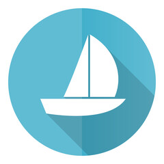 Yacht vector icon, flat design blue round web button isolated on white background