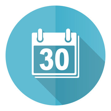 Calendar vector icon, flat design blue round web button isolated on white background